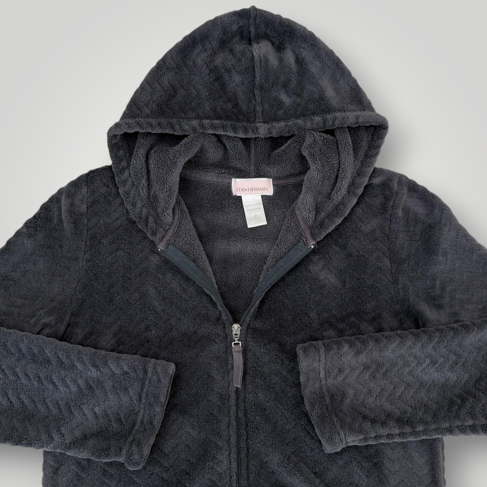 Stan Herman Plush Fleece Hoodie Women's M Gray Full Zip Chevron Pockets